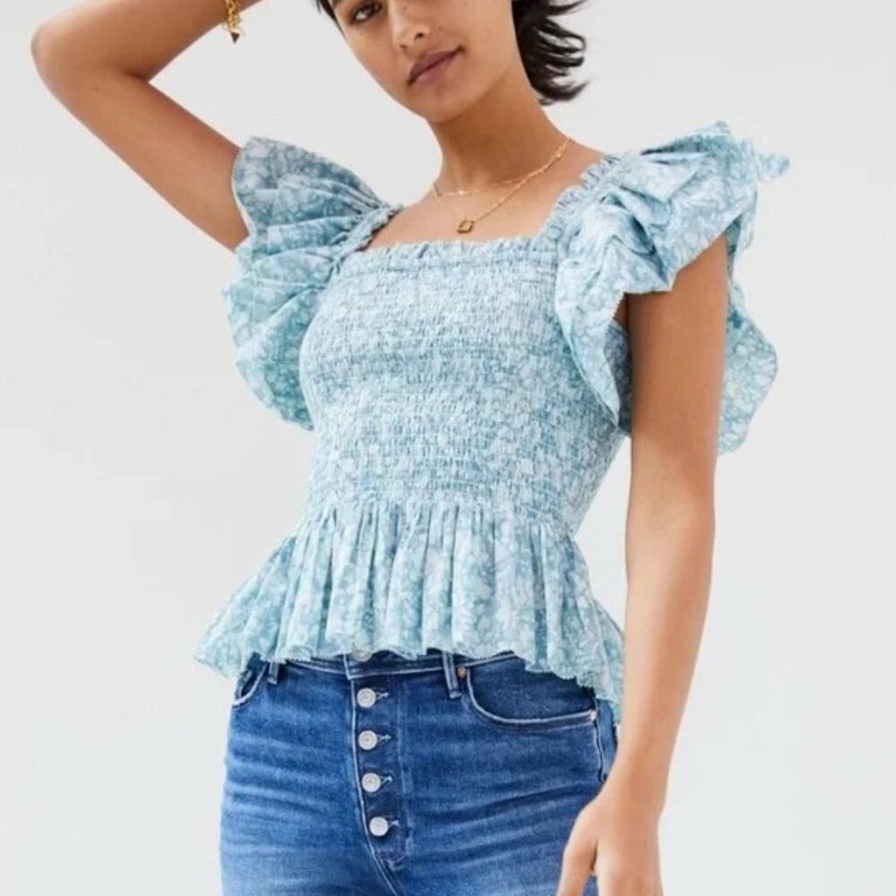 Love the Label Anthropologie Blue Flutter Sleeve Smocked Peplum Blouse